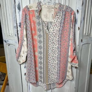 Liberty Love Pink and Cream Graphic Blouse with Mandarin Collar
